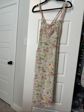 Floral Mint Slip Midi Dress with Pink Bouquet Print